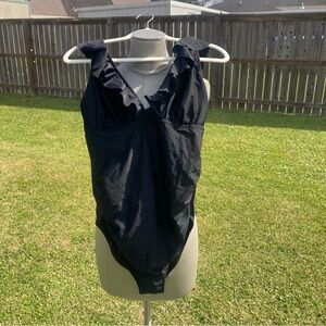 Summer Mae black ruffle strap one piece swimsuit with tie back in medium GUC